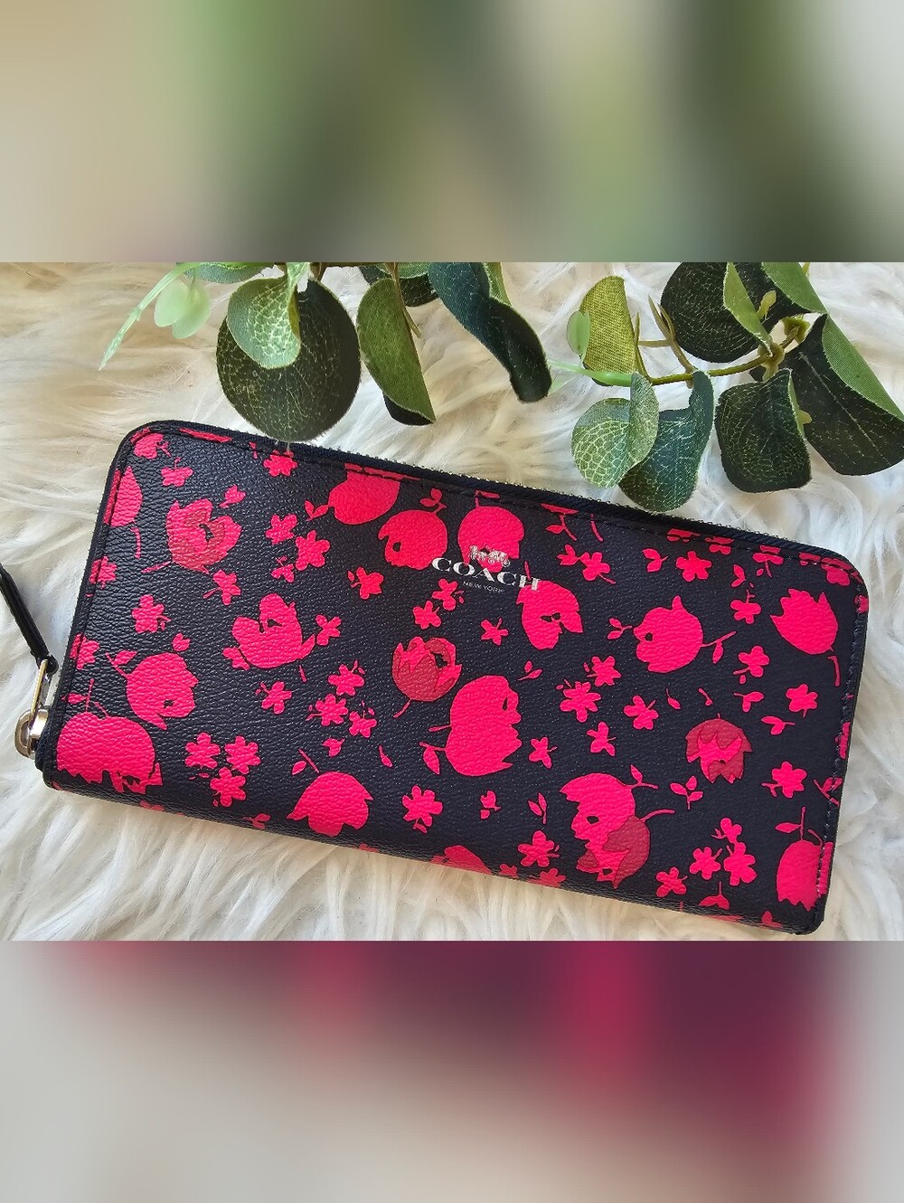 Coach Black/Navy & HOT Pink Floral Zip Wallet - GORGEOUS! & NWOT